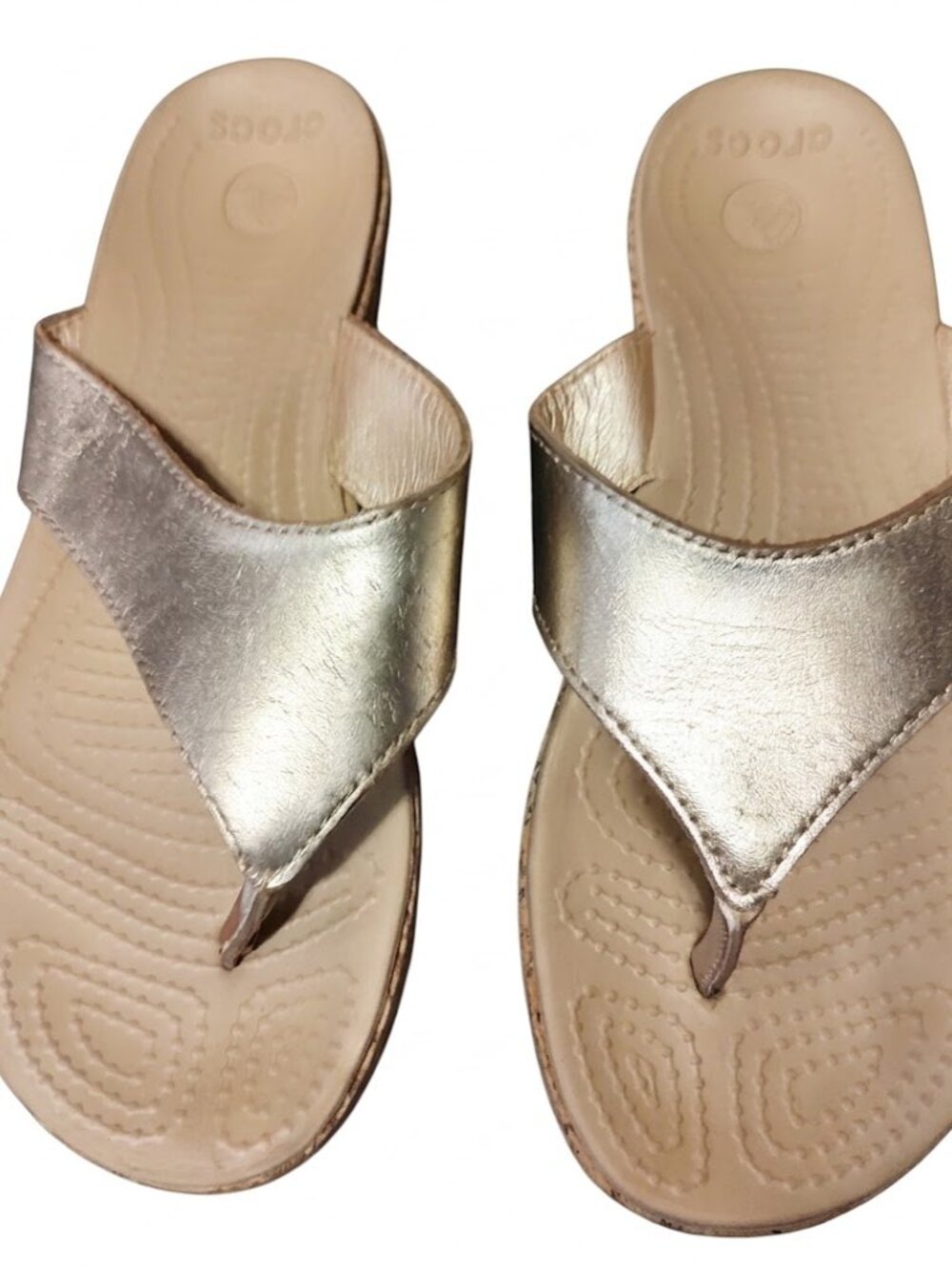 CROCS Sloane Cork Platform Wedge Gold Thong Flip Flops Sandals Women Sz 7